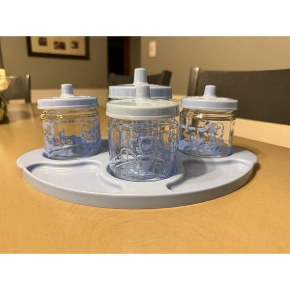 Baby Nursery Vanity Changing Table Glass Jar Set Tray Lids Pink 1950s Vintage - Picture 2 of 14